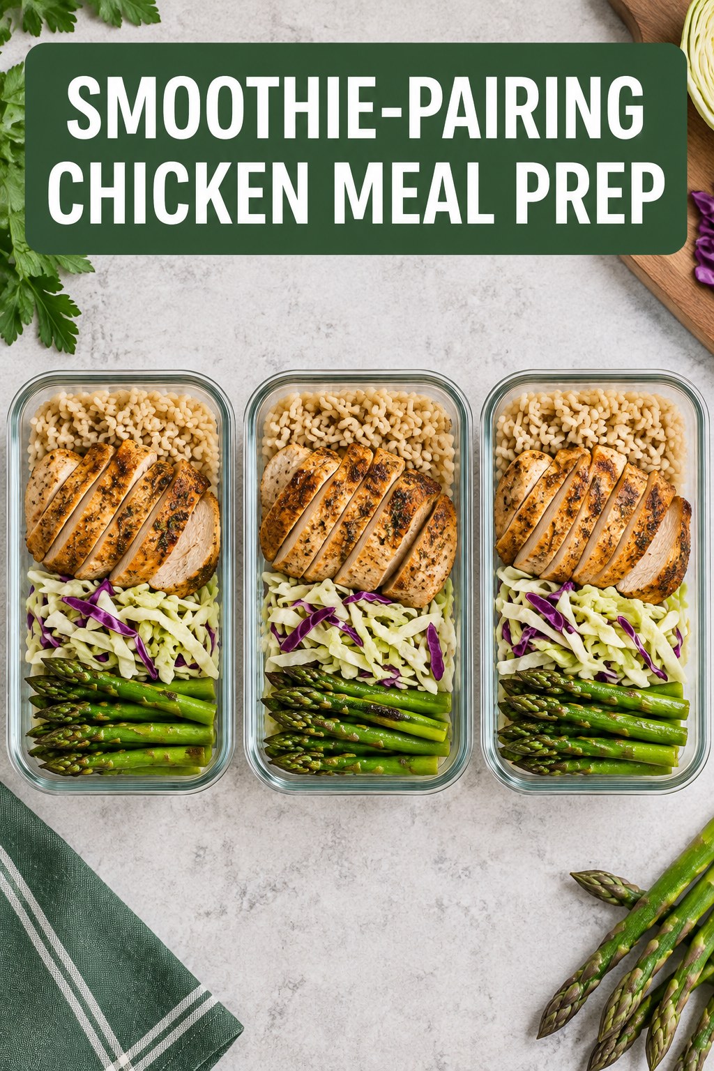 Three containers of smoothie-pairing chicken brown rice prep boxes with chicken, brown rice, cabbage, and asparagus.