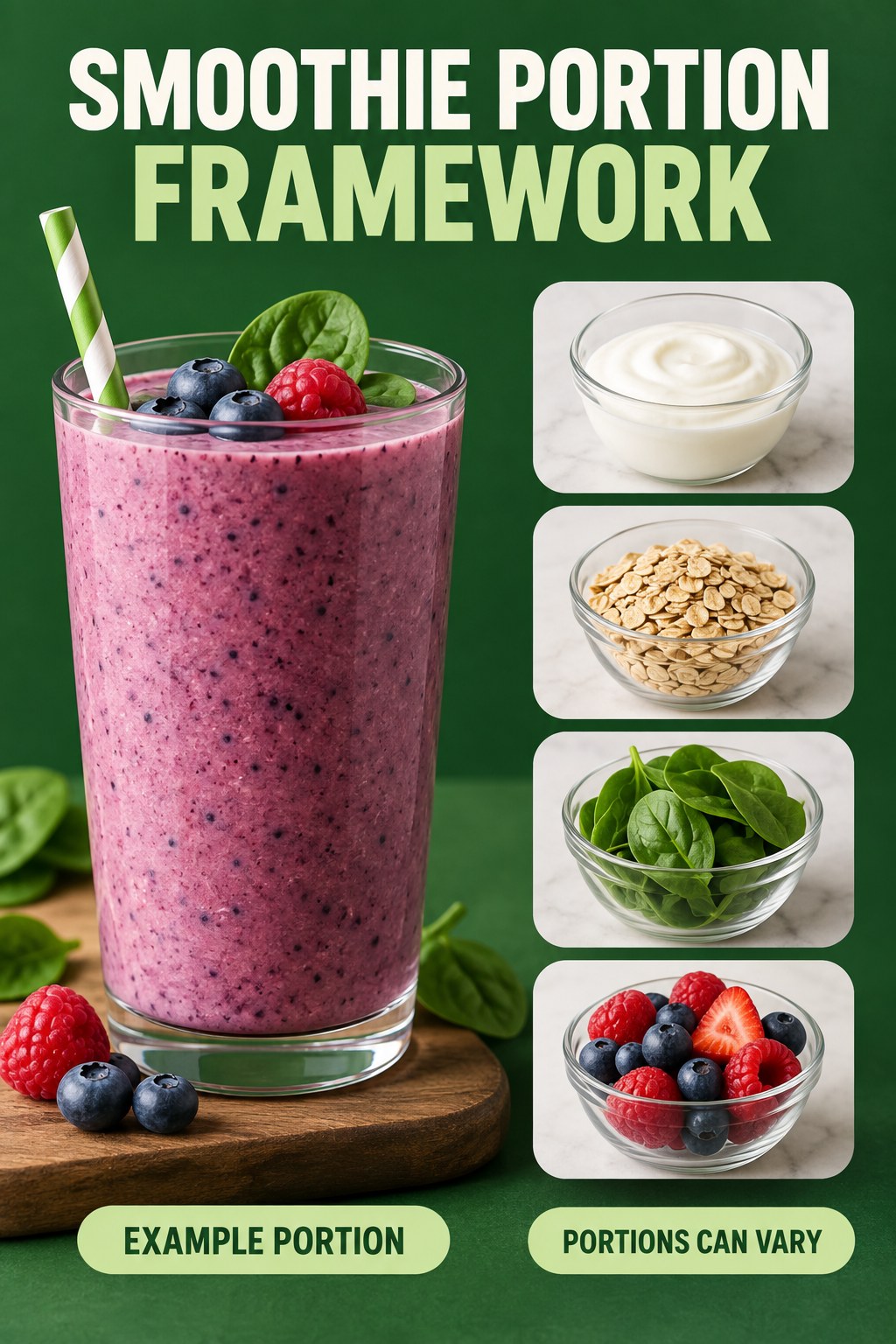 Smoothie Portion Framework visual using plain yogurt, oats, spinach, and berries as flexible example portions for Healthy Smoothies.