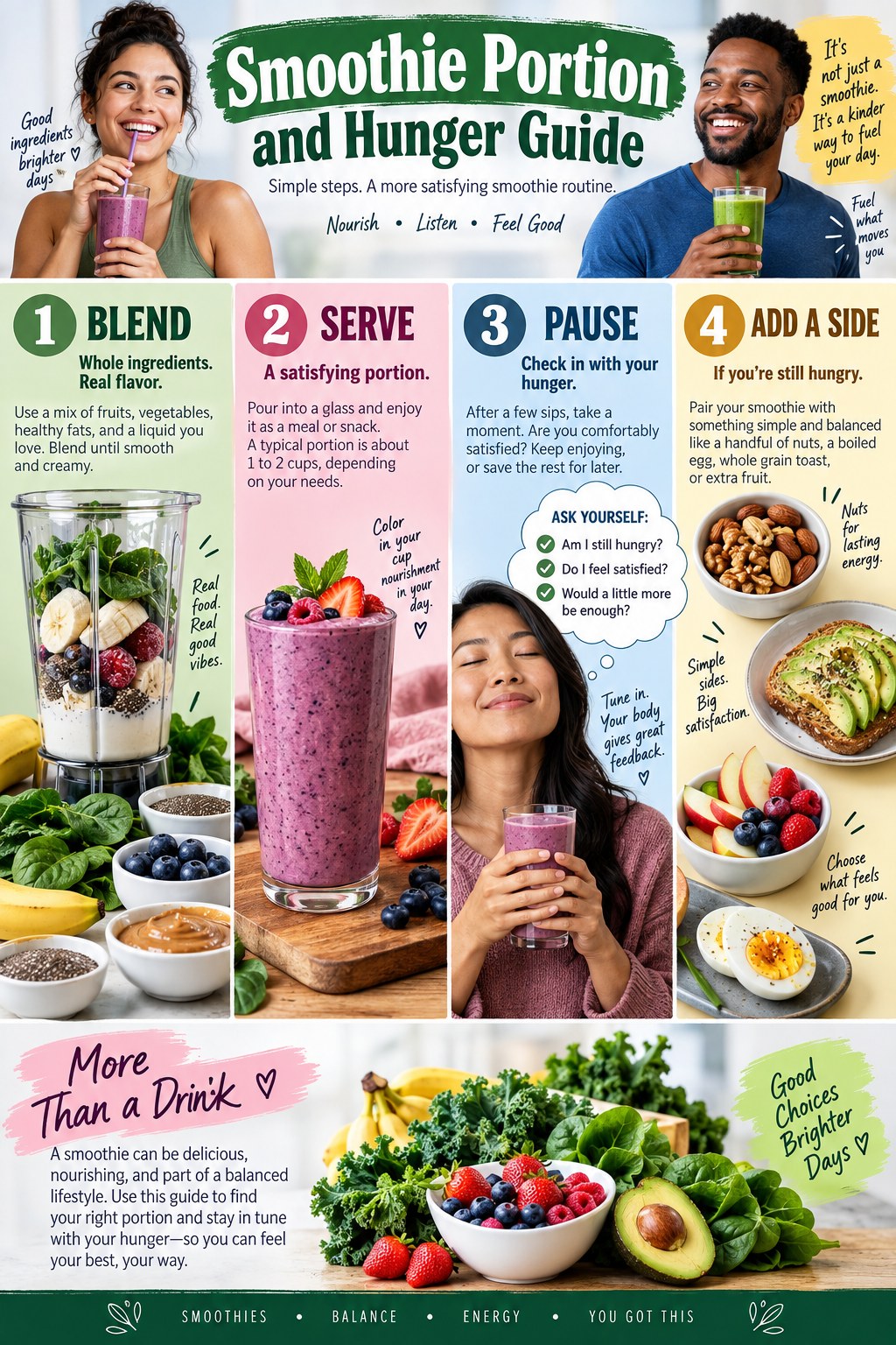 Portrait infographic showing smoothie ingredients, a glass and bowl, a hunger check, and optional sides such as toast yogurt eggs or fruit.