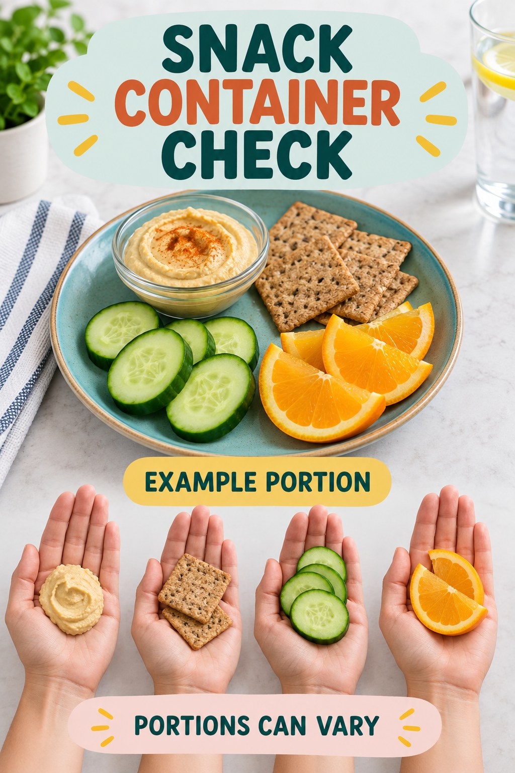 Snack Container Check visual using hummus, whole-grain crackers, cucumber, and orange as flexible example portions for Low Calorie Snacks.