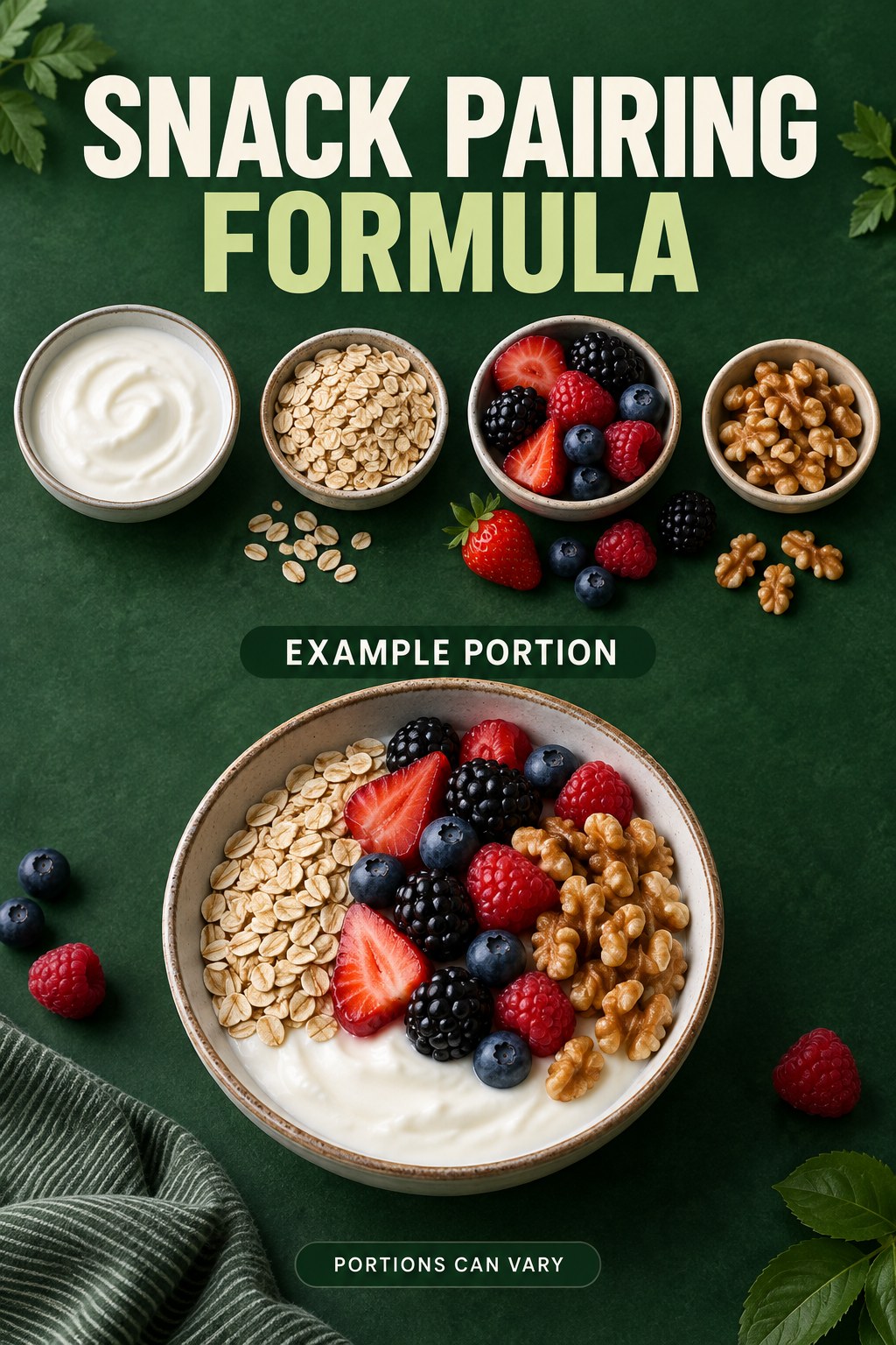 Snack Pairing Formula visual using plain yogurt, oats, berries, and walnuts as flexible example portions for Healthy Snacks.