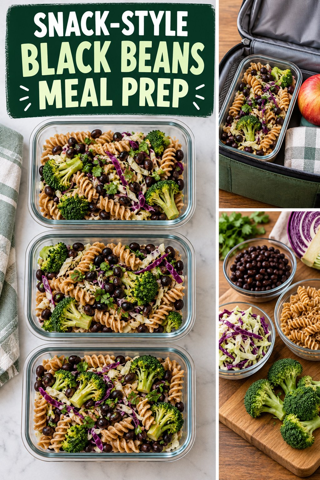 Three containers of snack-style black beans whole-grain pasta prep boxes with black beans, whole-grain pasta, broccoli, and cabbage.
