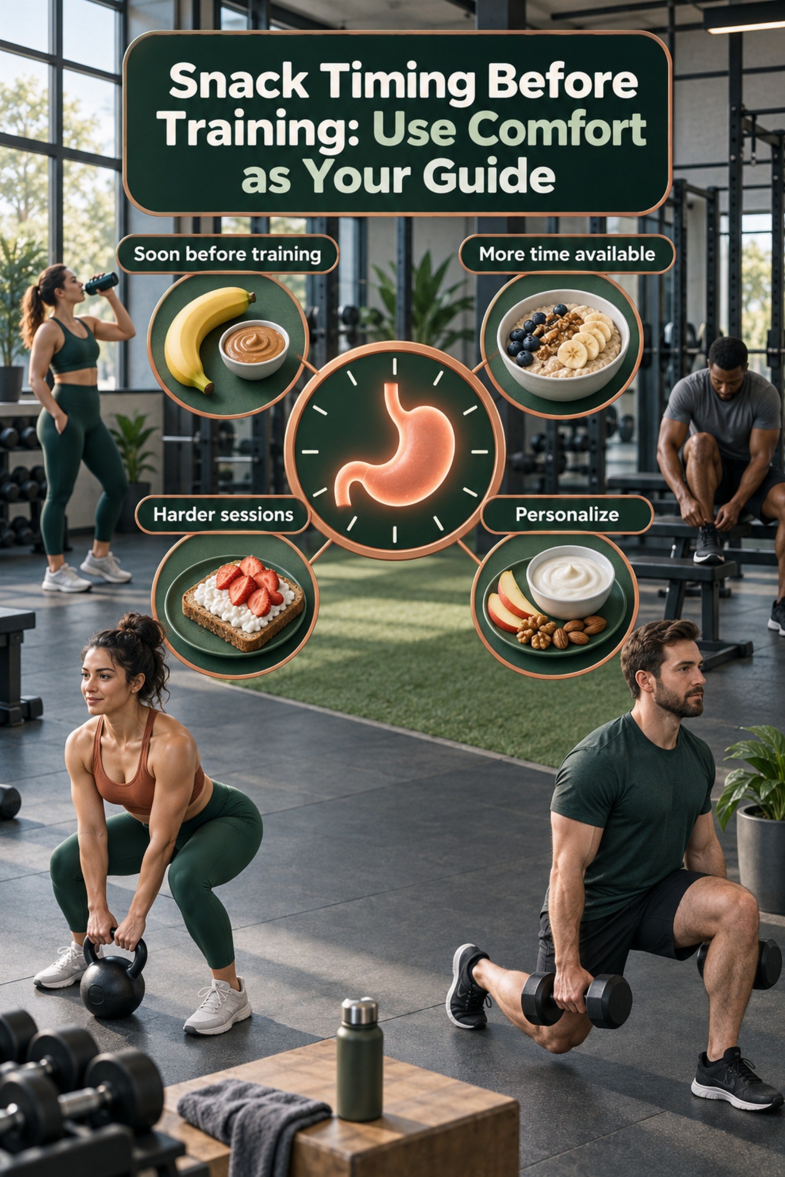 Clock-and-stomach comfort diagram with small snack examples. The image supports Snack Timing Before Training: Use Comfort as Your Guide.