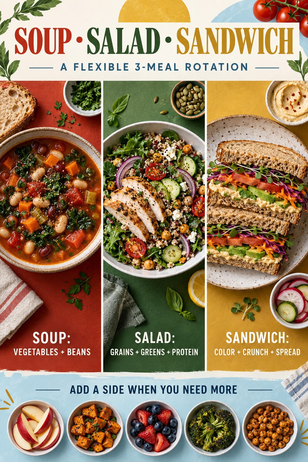 Portrait food infographic showing vegetable bean soup, a grain-and-greens salad with protein, a colorful whole-grain sandwich, and optional sides.