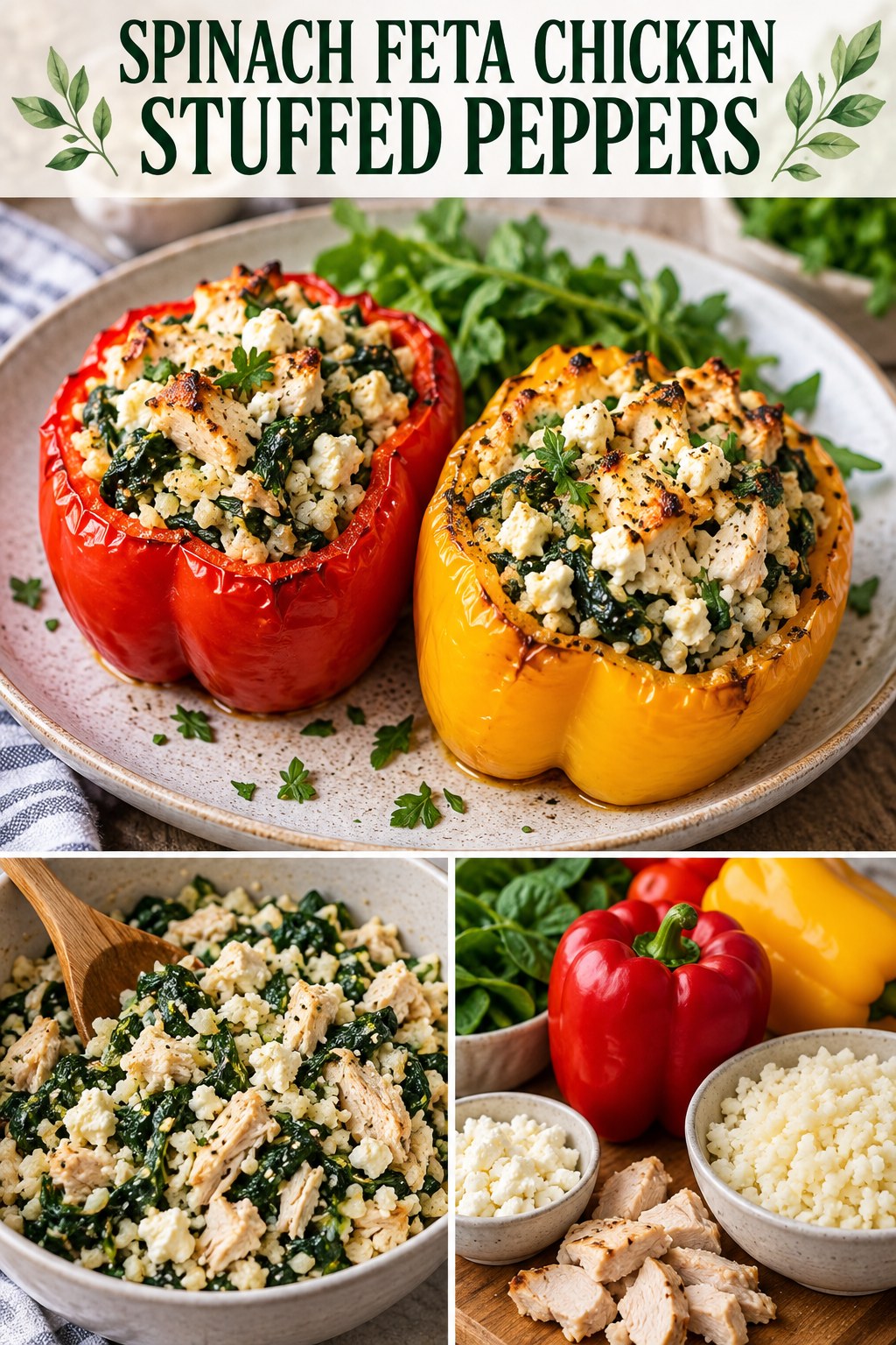 Two servings of spinach feta chicken stuffed peppers made with chicken, bell pepper, and vegetables.