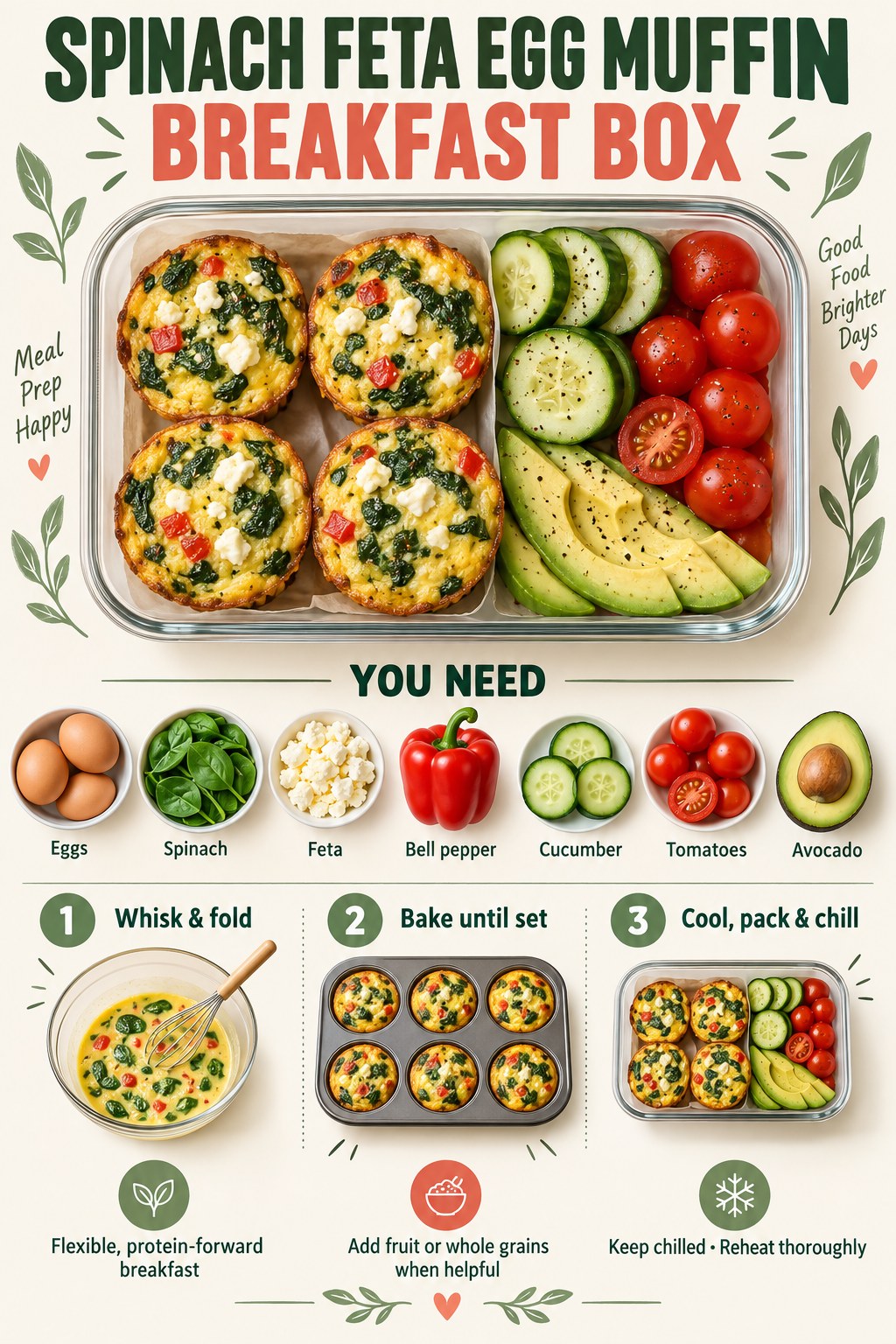 Spinach-feta egg muffin breakfast box infographic with cucumber, tomatoes, avocado, bell pepper, and three steps.