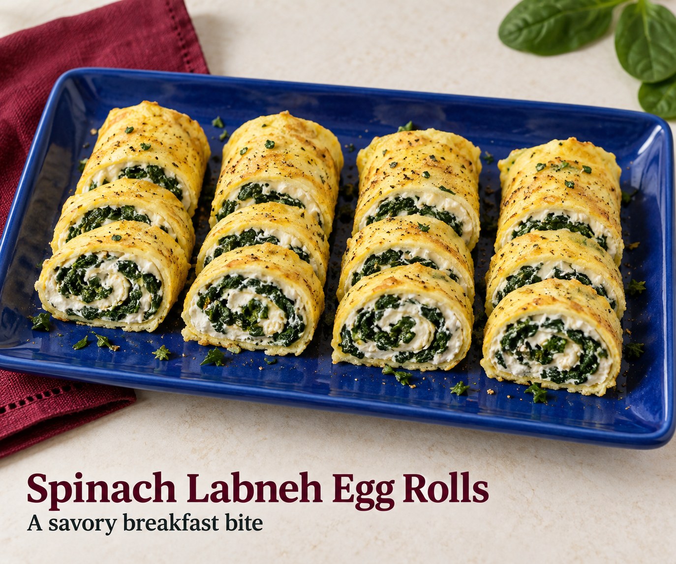 Sliced egg rolls filled with spinach and labneh on a blue platter beside the words Spinach Labneh Egg Rolls.