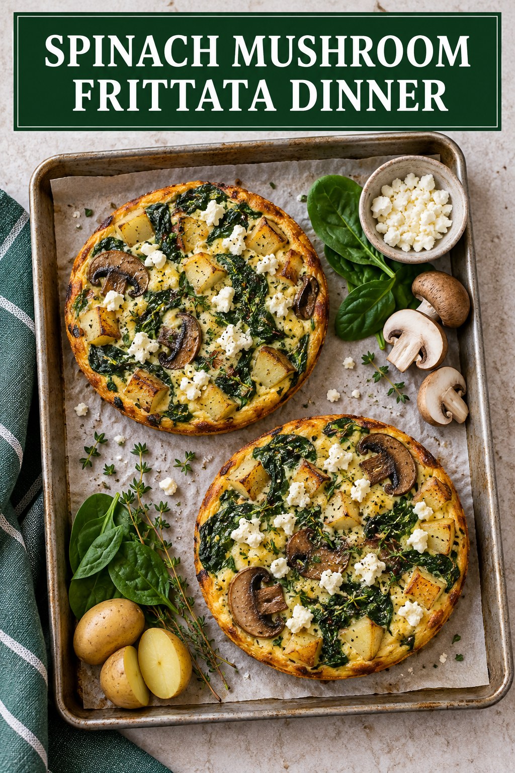 Two servings of spinach mushroom frittata dinner made with eggs, spinach, and vegetables.