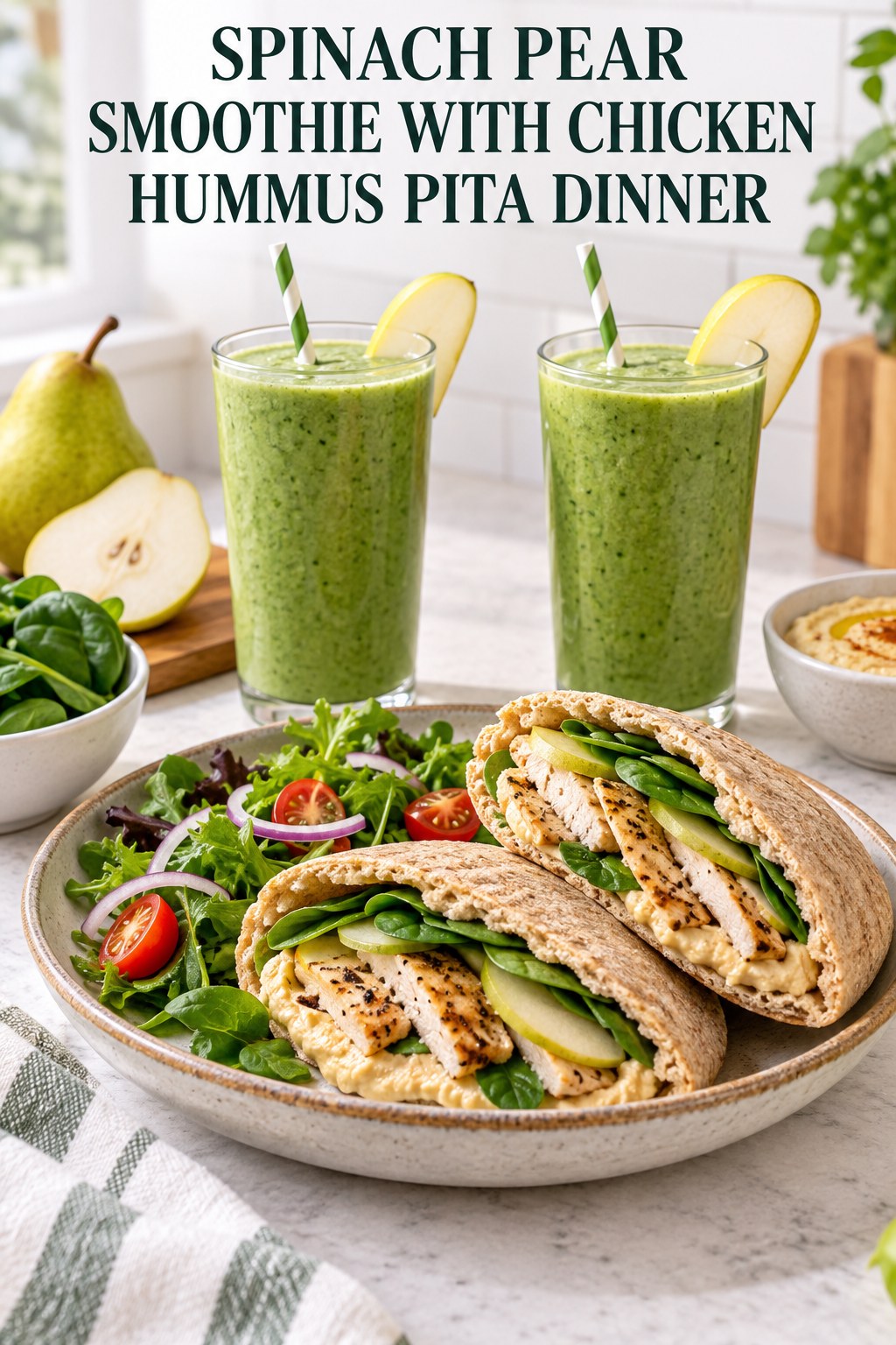 Two servings of spinach pear smoothie with chicken hummus pita dinner made with spinach, pear, and vegetables.