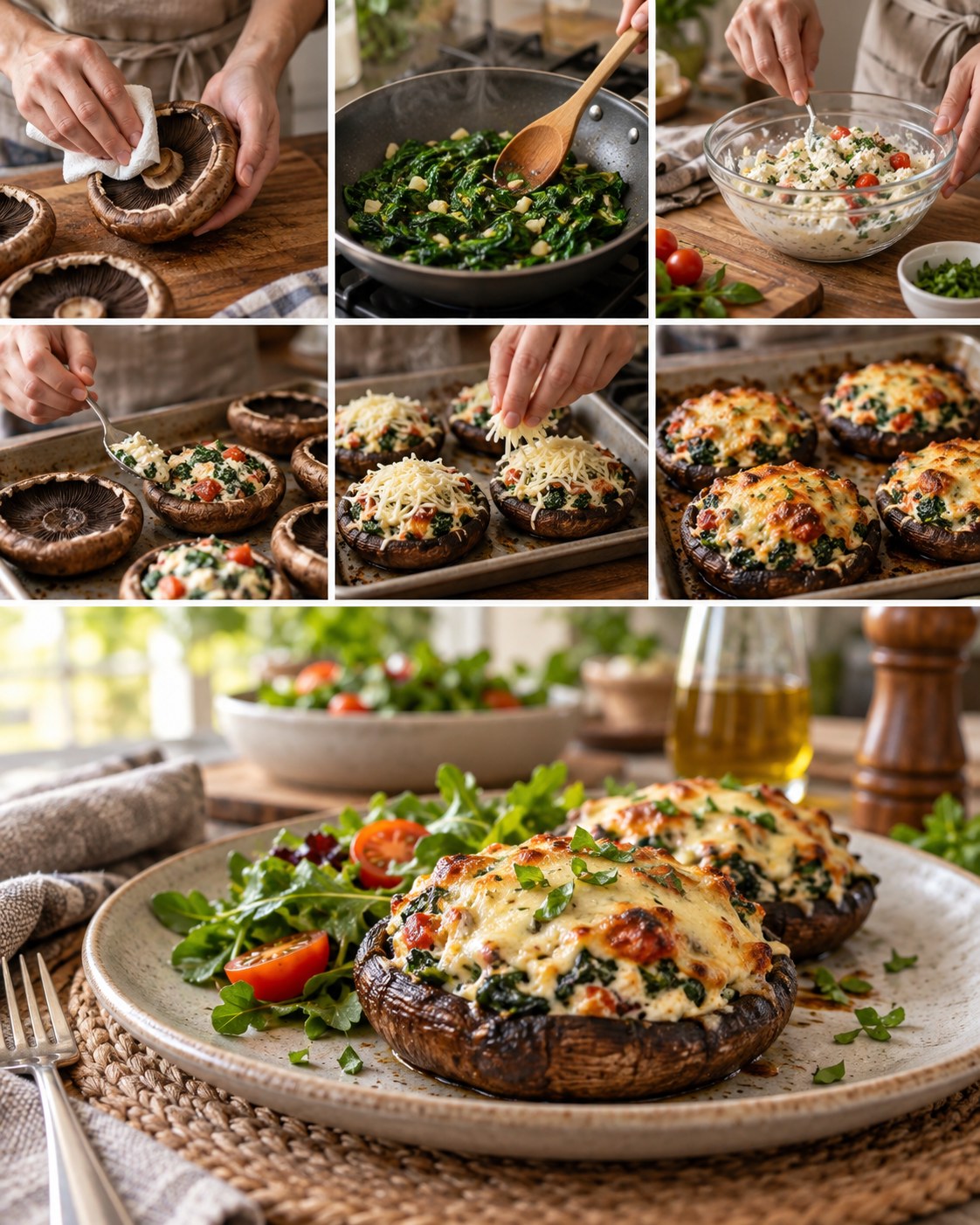 Baked portobello mushroom caps filled with spinach, ricotta, tomatoes, herbs, and melted mozzarella