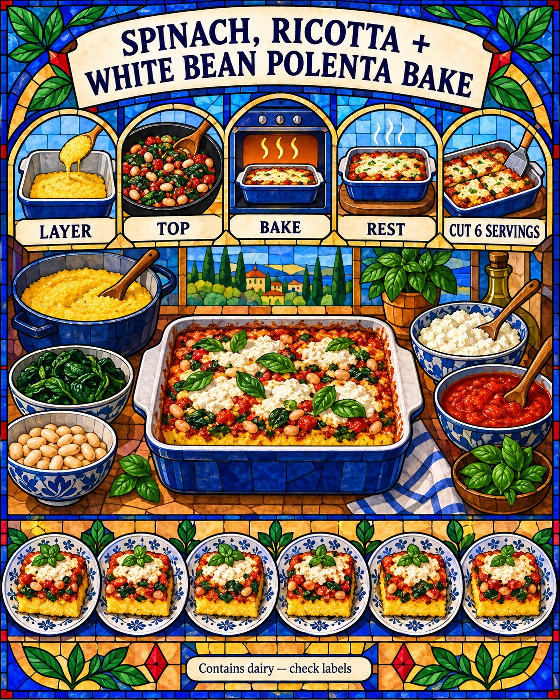 Stained-glass infographic showing polenta, spinach, beans, ricotta, a layered casserole, and six plated portions.