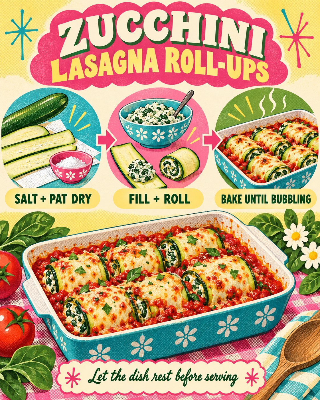 Raspberry, turquoise, and yellow retro infographic showing zucchini ribbons filled with spinach ricotta and baked in tomato sauce.