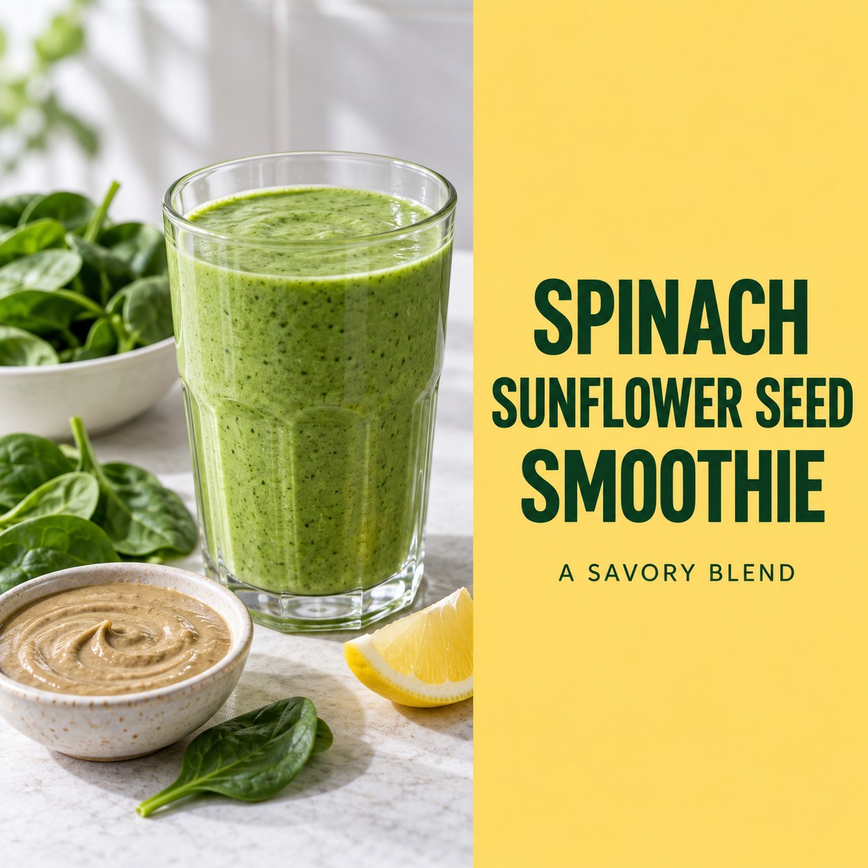 Green spinach yogurt smoothie in a clear tumbler with spinach leaves and sunflower seed butter beside a yellow recipe title panel.