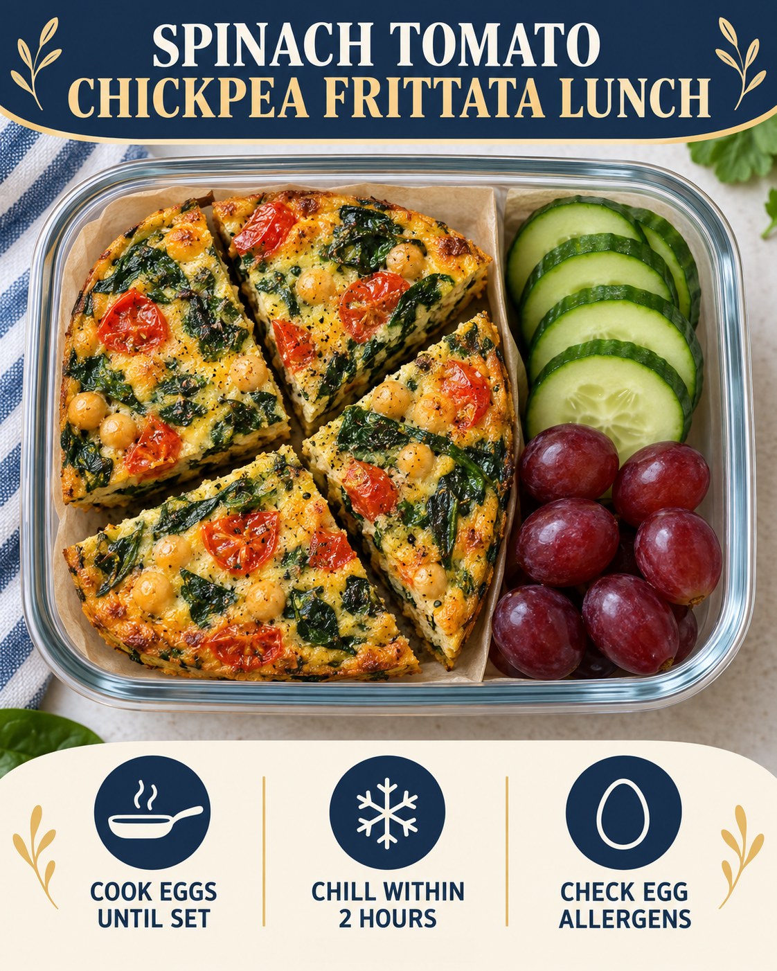 Spinach tomato chickpea frittata wedges with cucumber and grapes in a lunch container
