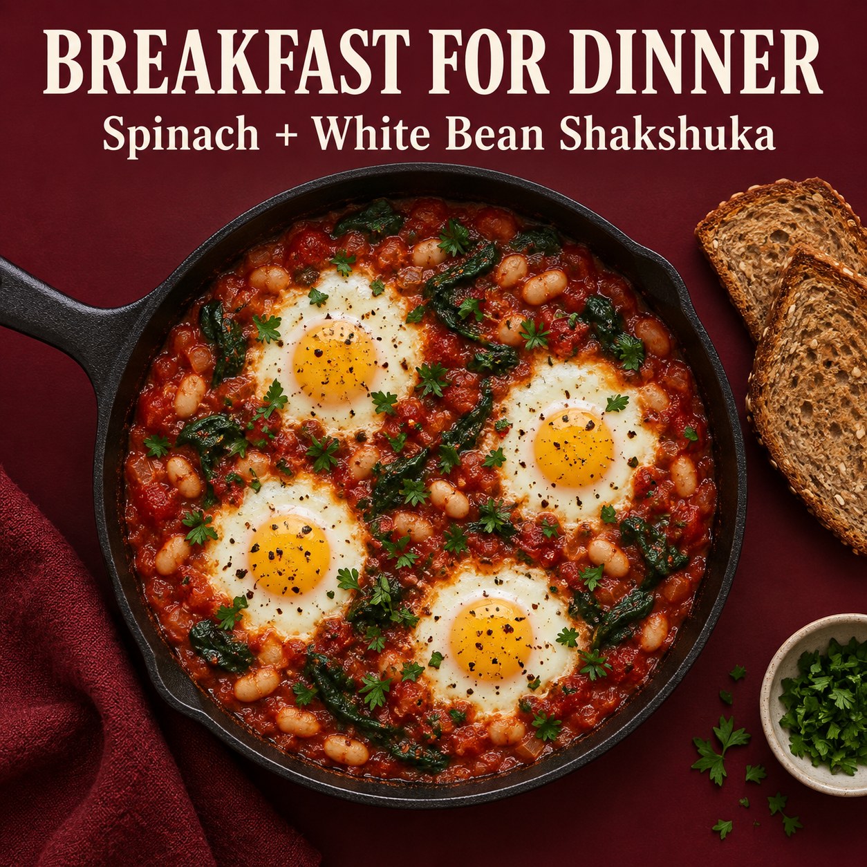Eggs set in tomato sauce with white beans and spinach in a skillet beneath the words Breakfast for Dinner Shakshuka.