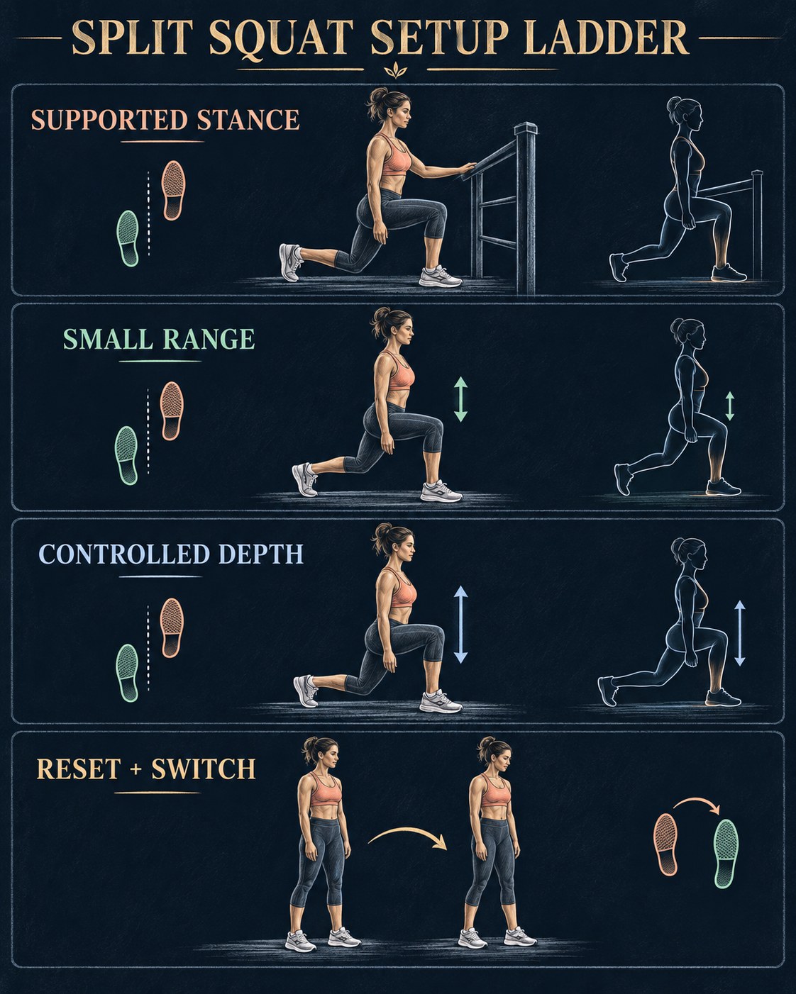 Midnight blue chalk-and-pastel infographic showing four stages of a split squat setup ladder.