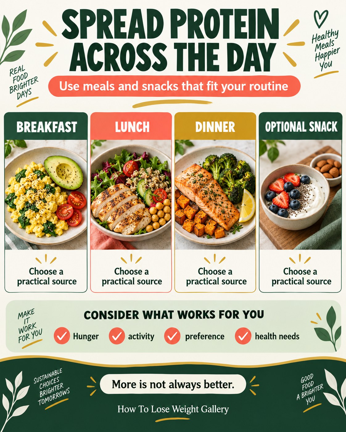 Daylong protein infographic with breakfast, lunch, dinner, and an optional snack plus hunger and activity checks