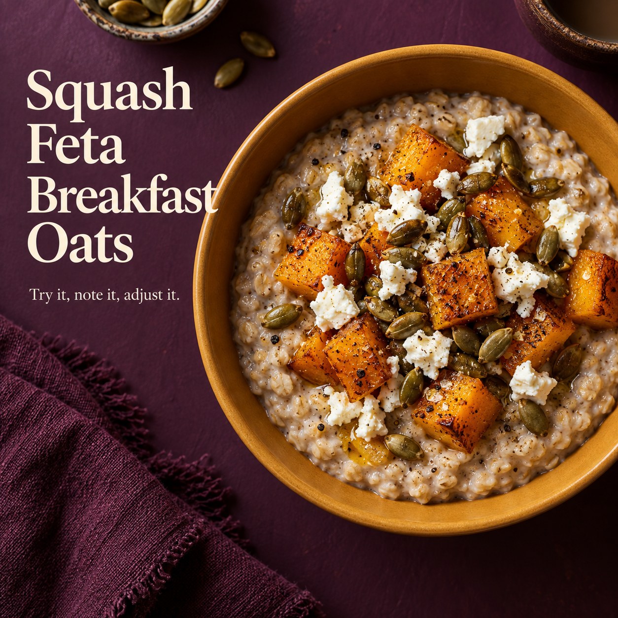 Savory oatmeal topped with roasted butternut squash, feta, and pumpkin seeds in an ochre bowl.