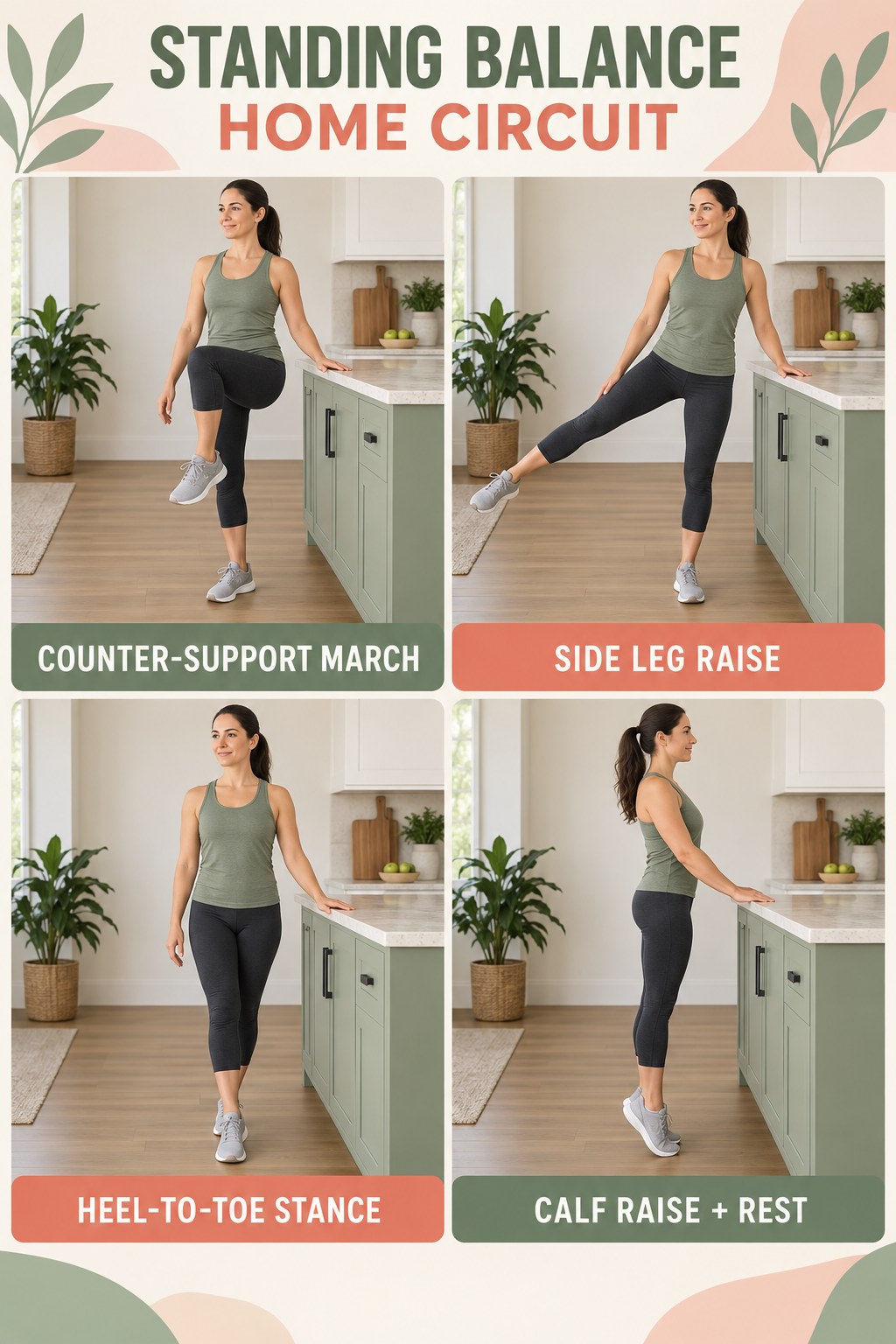 Standing balance home circuit infographic showing counter-supported marching, side leg raise, heel-to-toe stance, and calf raise.