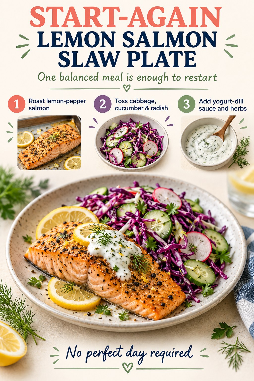 Start-again lemon salmon slaw plate infographic with cabbage, cucumber, radish, yogurt-dill sauce, and three steps.