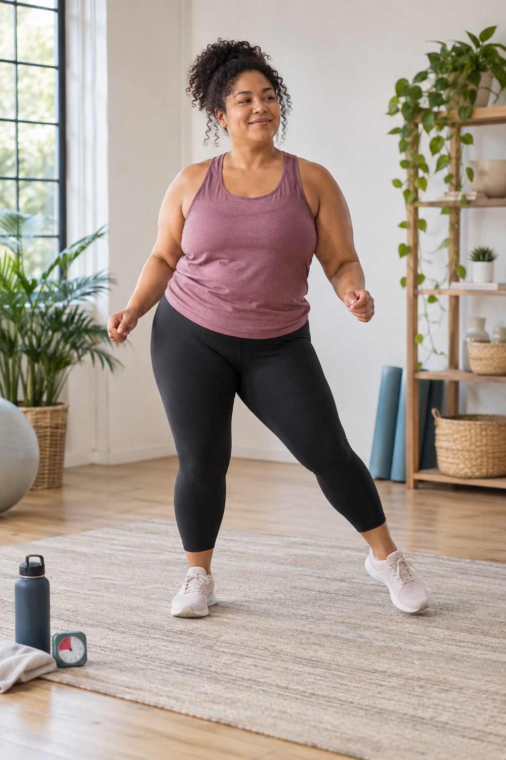Adult doing low-impact step-touches in a bright home studio with a water bottle and timer nearby.