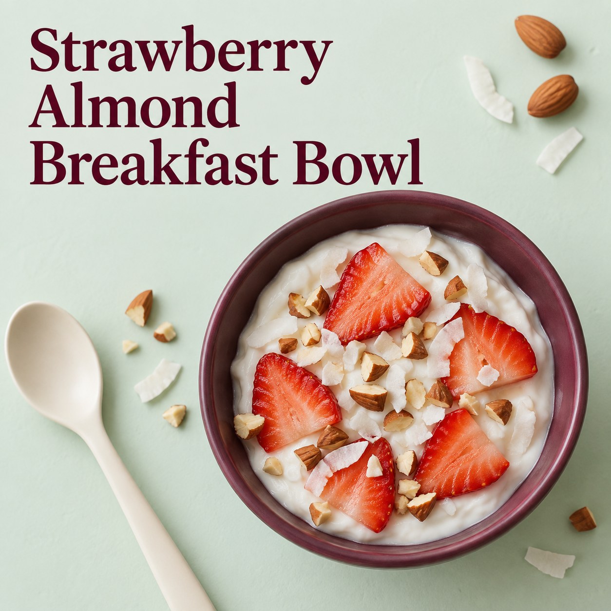 Greek yogurt with strawberries almonds and coconut beside the words Strawberry Almond Breakfast Bowl.