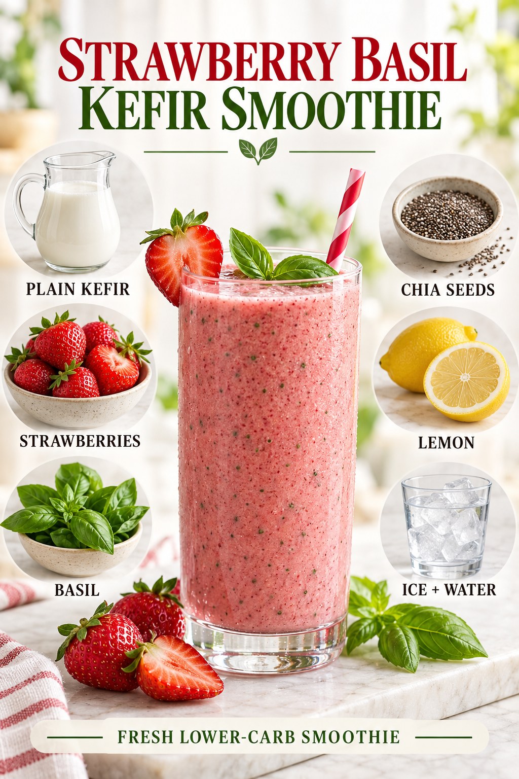 Strawberry basil kefir smoothie with chia seeds, lemon, ice, and fresh strawberries