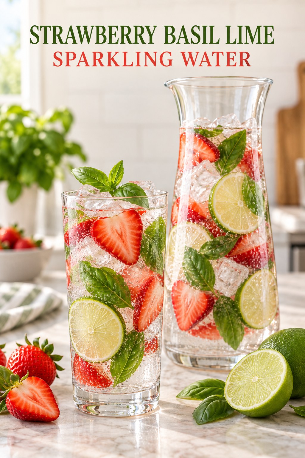 Tall glass and pitcher of sparkling water with sliced strawberries, lime wheels, fresh basil leaves, and ice.