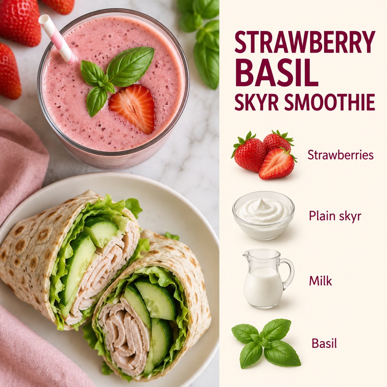 Pink strawberry basil smoothie next to a turkey vegetable wrap, with strawberry and basil ingredient details in a recipe-card layout.
