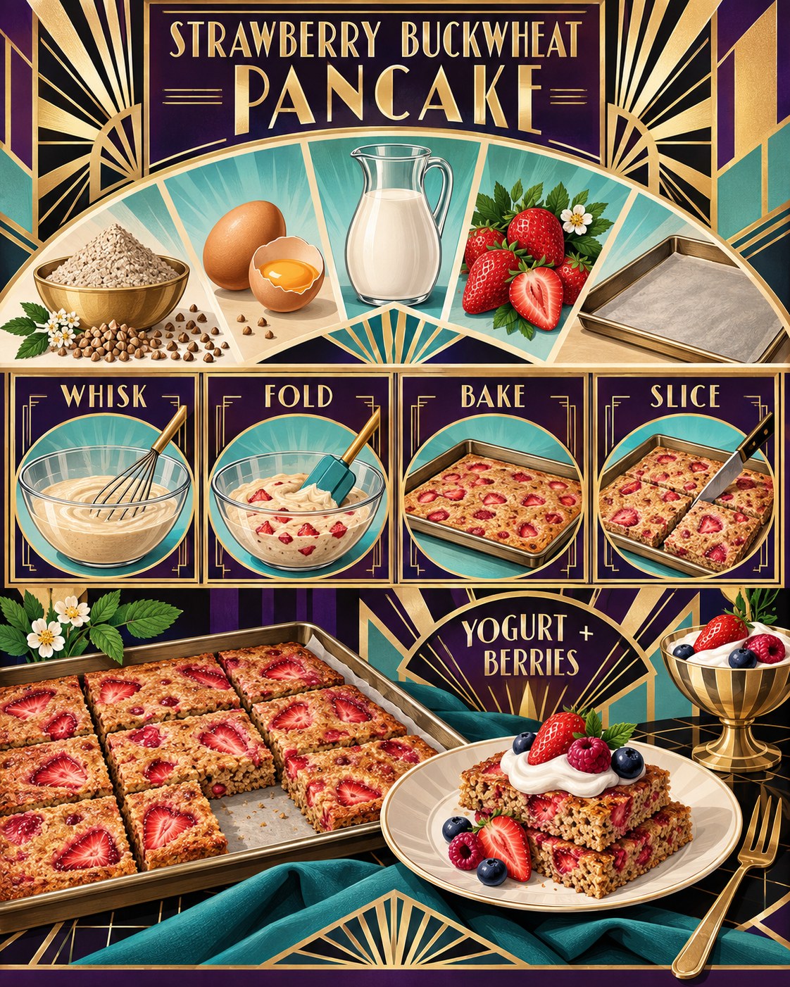 Violet, strawberry red, aqua, gold, cream, and black Art Deco infographic for a buckwheat sheet-pan pancake.