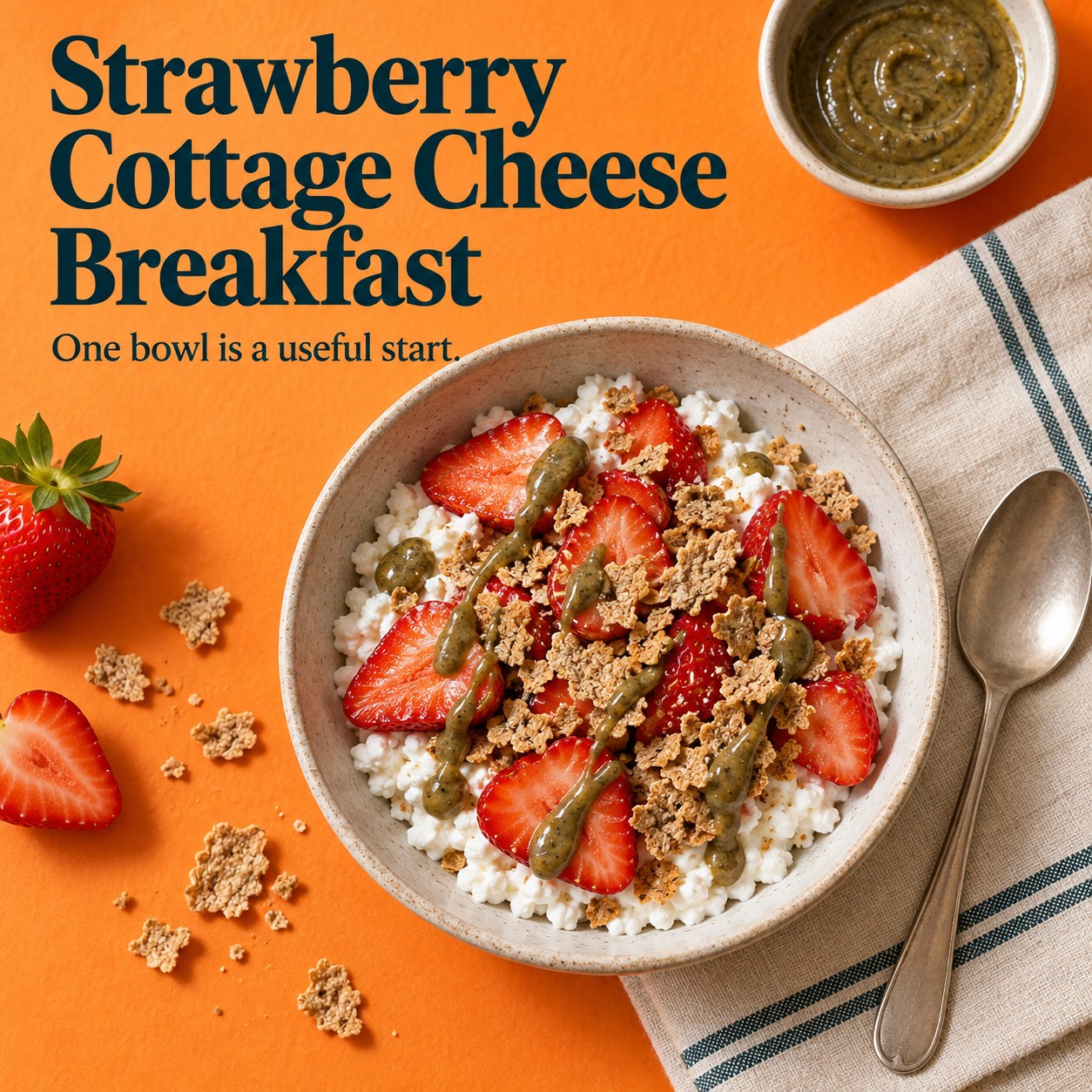 Cottage cheese bowl topped with strawberries, wholegrain cereal flakes, and pumpkin seed butter.