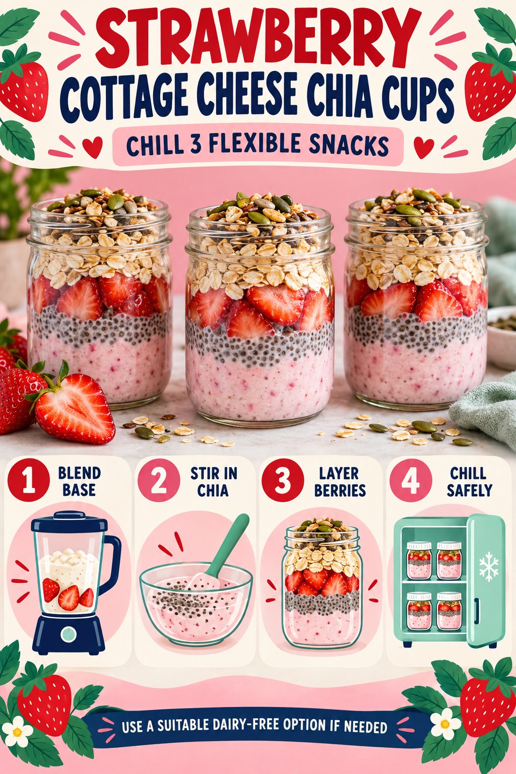 Portrait infographic showing three jars layered with strawberry cottage cheese, chia seeds, strawberries, oats, and crunchy seeds.