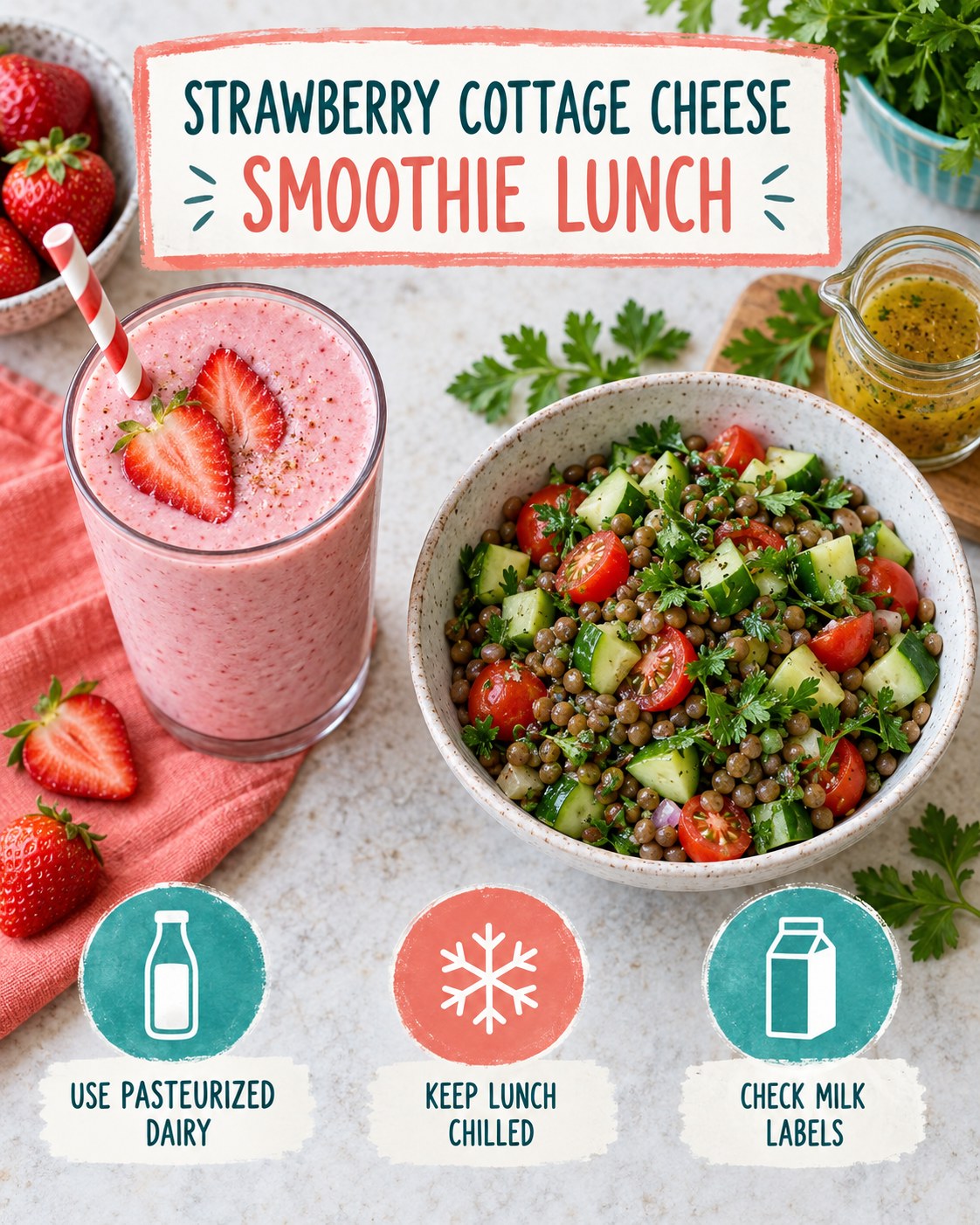 Strawberry cottage cheese smoothie beside lentil cucumber tomato parsley salad