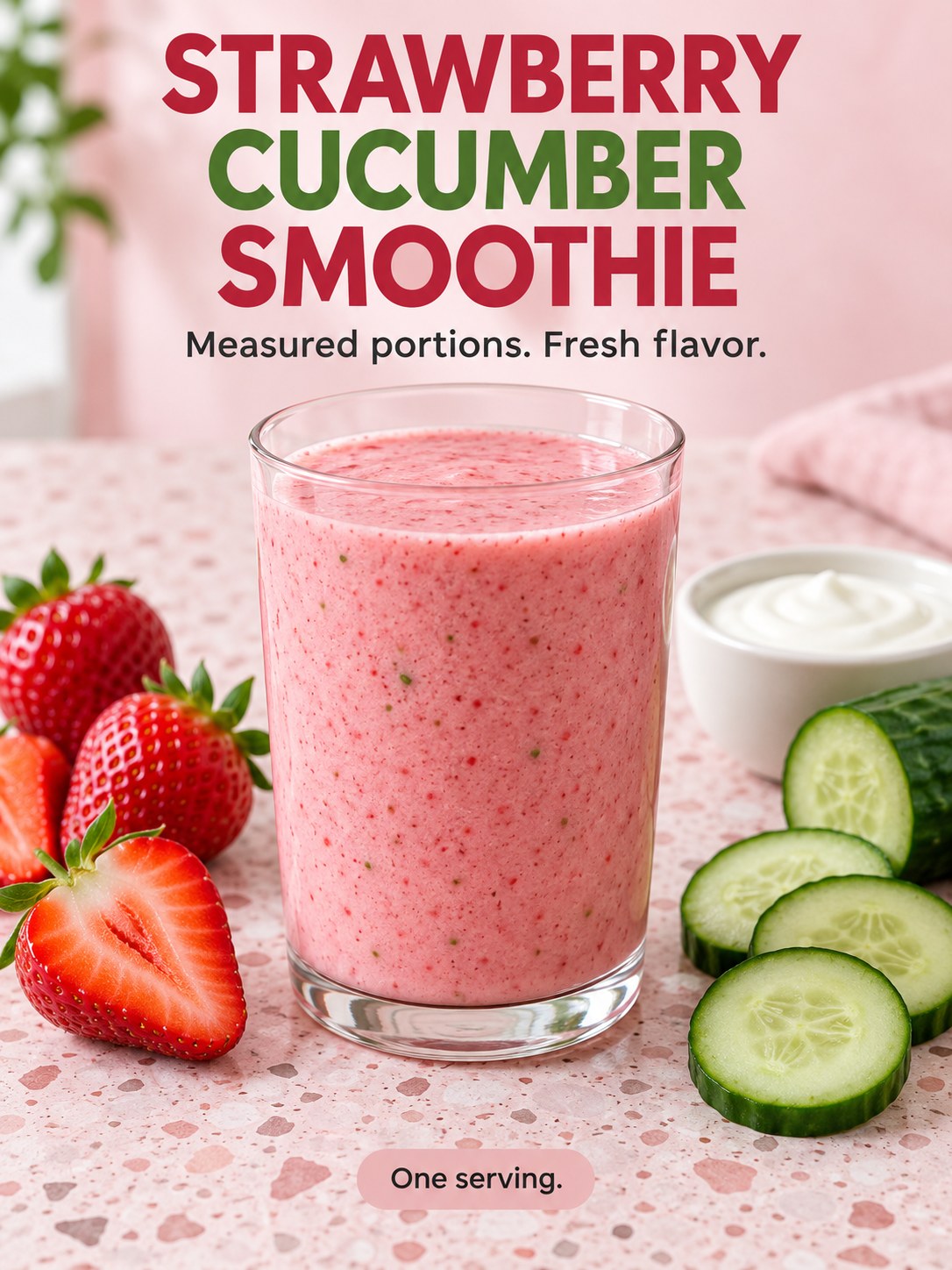 Pink strawberry cucumber smoothie in a clear glass beside sliced strawberries and cucumber, with measured portions text.