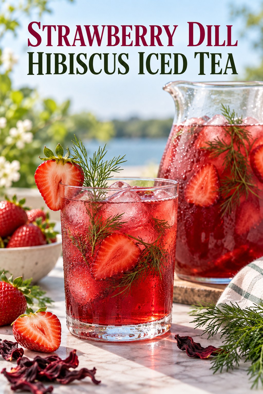 Portrait drink scene with strawberry, fresh dill, ice, and a chilled glass of hibiscus iced tea.