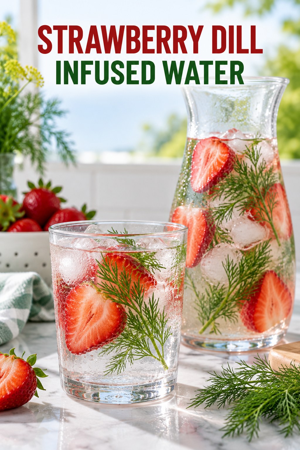 Portrait drink scene with strawberry, fresh dill, ice, and a chilled glass of infused water.