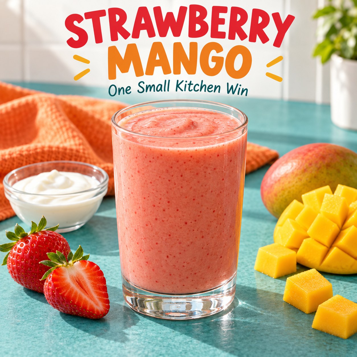 Coral strawberry mango smoothie beside strawberries and mango cubes, with Strawberry Mango and One Small Kitchen Win text.