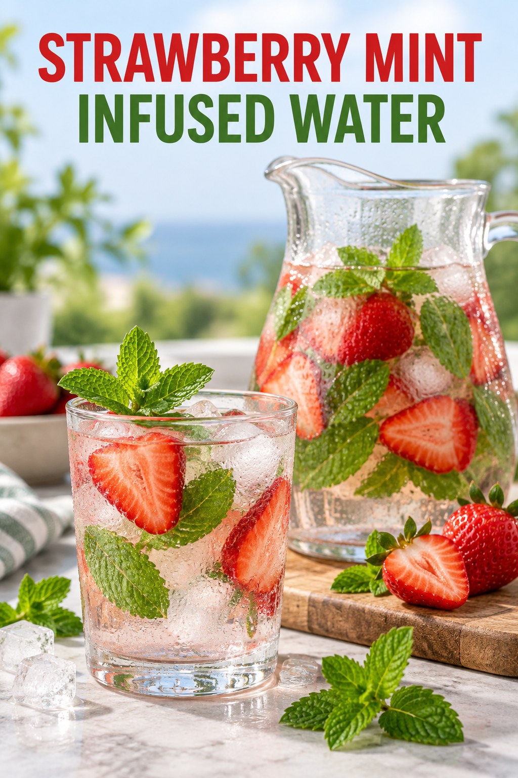 Portrait drink scene with strawberry, fresh mint, ice, and a chilled glass of infused water.