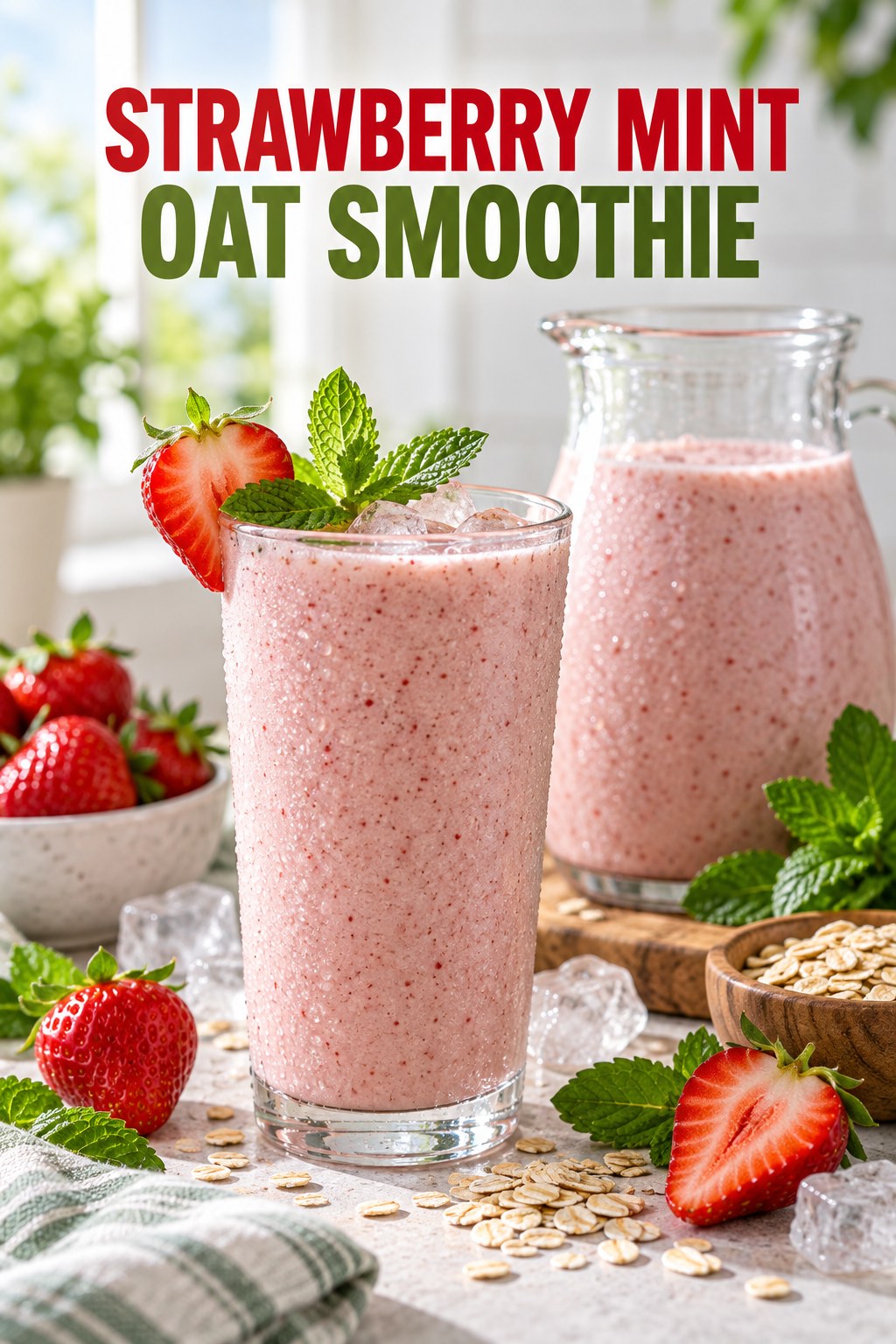 Portrait drink scene with strawberry, fresh mint, ice, and a chilled glass of oat smoothie.