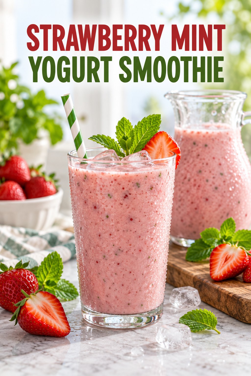 Portrait drink scene with strawberry, fresh mint, ice, and a chilled glass of yogurt smoothie.