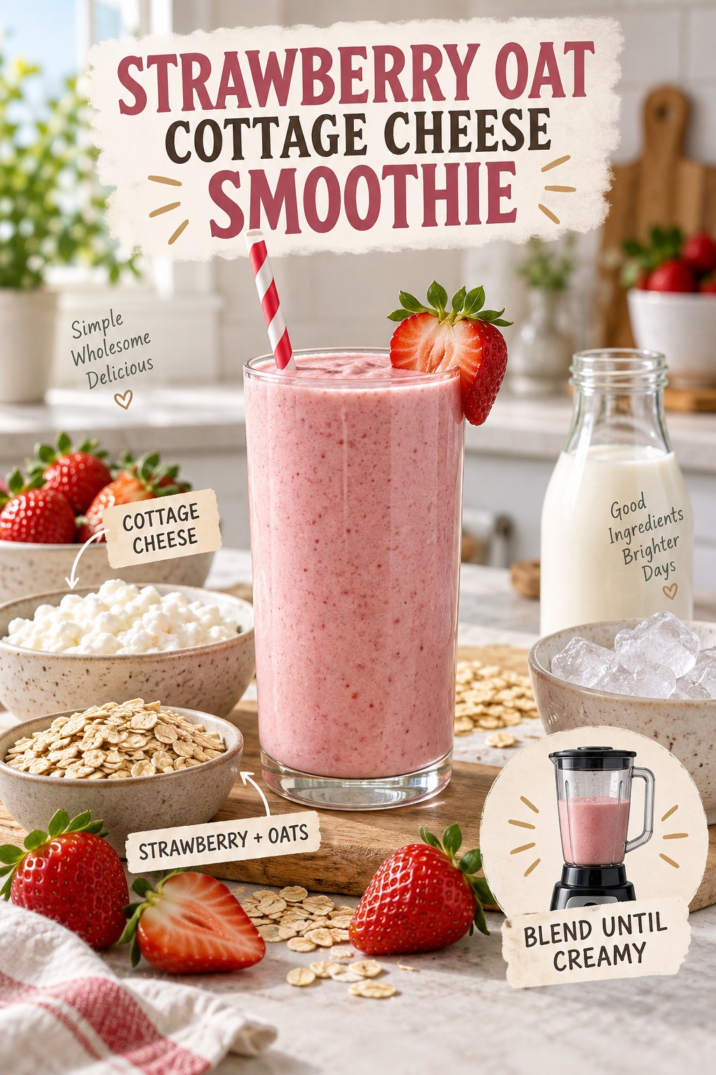 Strawberry oat cottage cheese smoothie with milk and ice