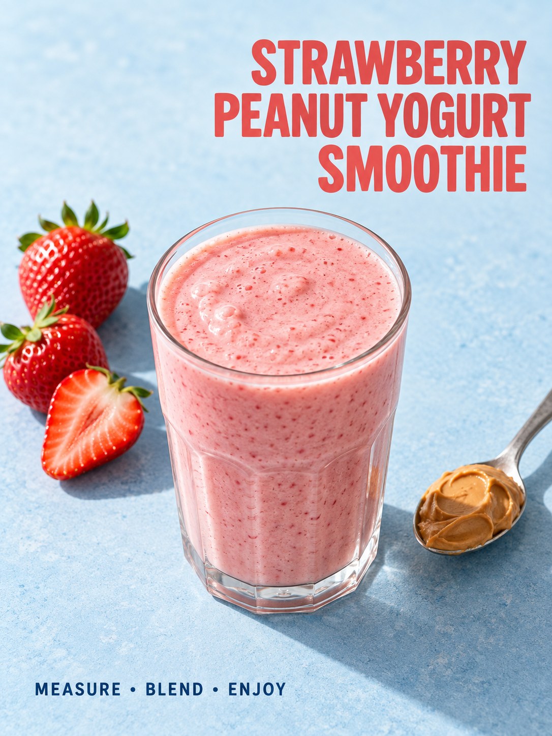 Pink strawberry peanut yogurt smoothie with strawberries and a spoon of peanut butter on a light blue table, with bold recipe text.
