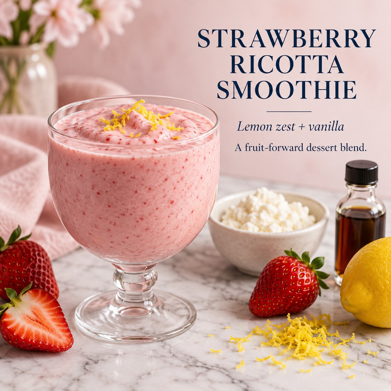 Pink strawberry ricotta smoothie in a dessert glass with strawberries, ricotta, and lemon zest beside readable recipe text.