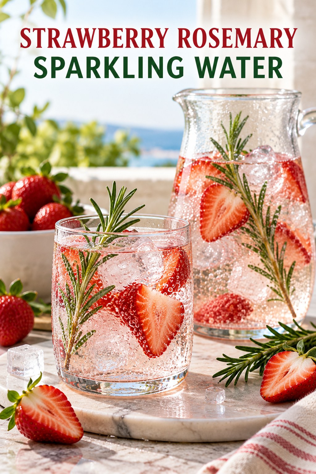 Portrait drink scene with strawberry, fresh rosemary, ice, and a chilled glass of sparkling water.