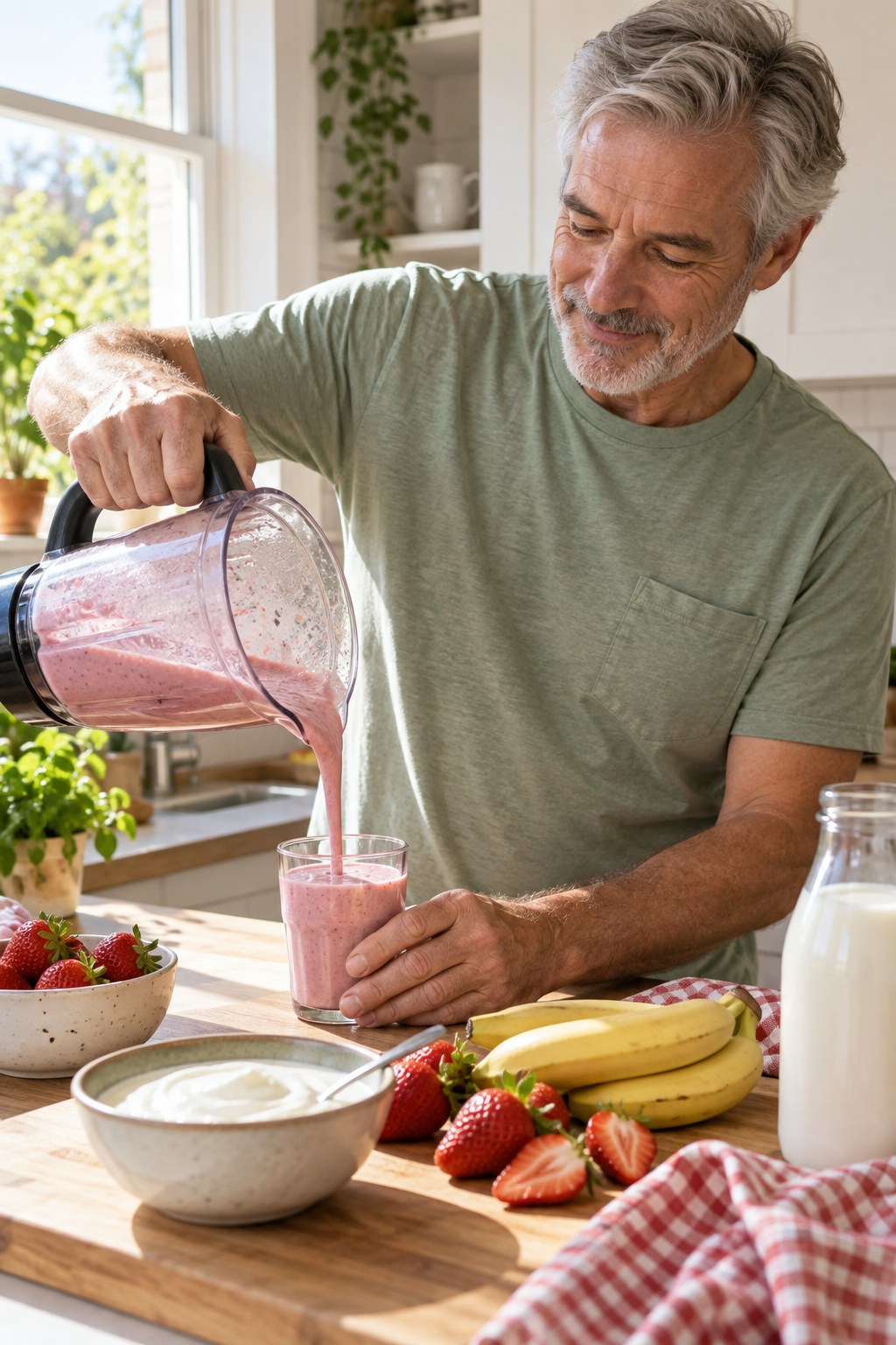 Gray-haired man pouring a pink smoothie beside strawberries, banana, yogurt, and milk in a sunny kitchen.