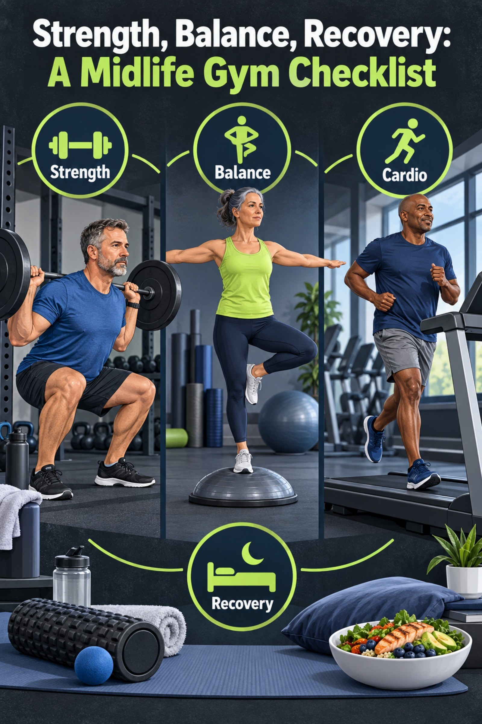Three-column editorial poster with adults training, balancing, and recovering. The image supports Strength, Balance, Recovery: A Midlife Gym Checklist.