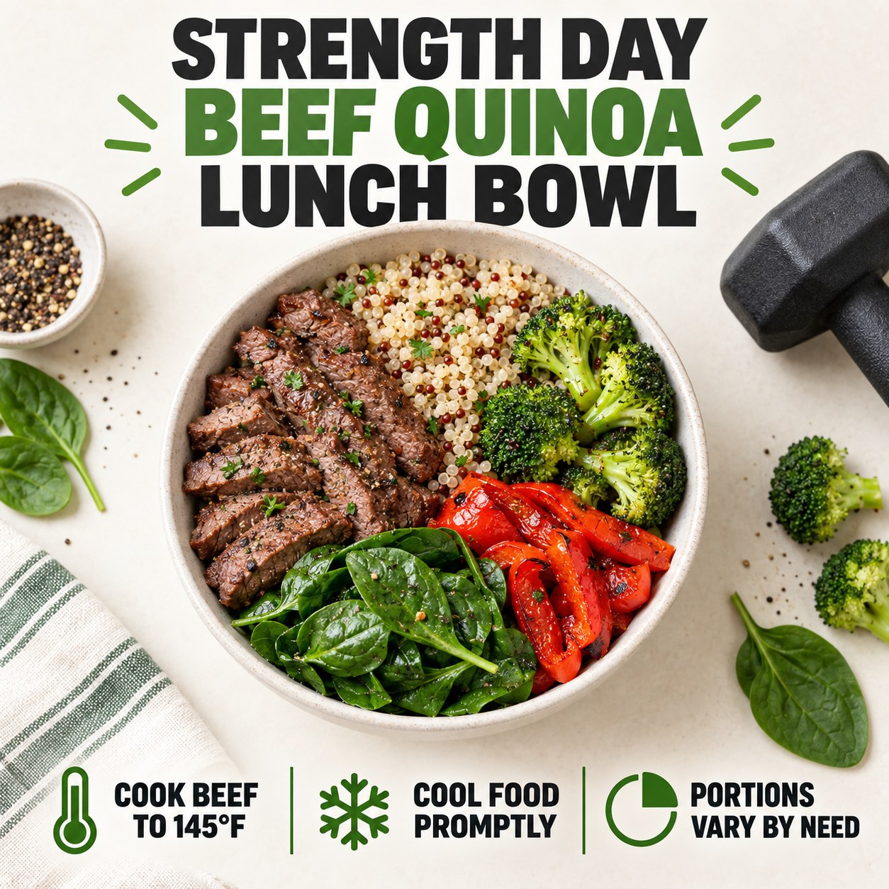 Infographic for a strength-day beef quinoa broccoli lunch bowl with beef temperature, cooling, and flexible portion reminders