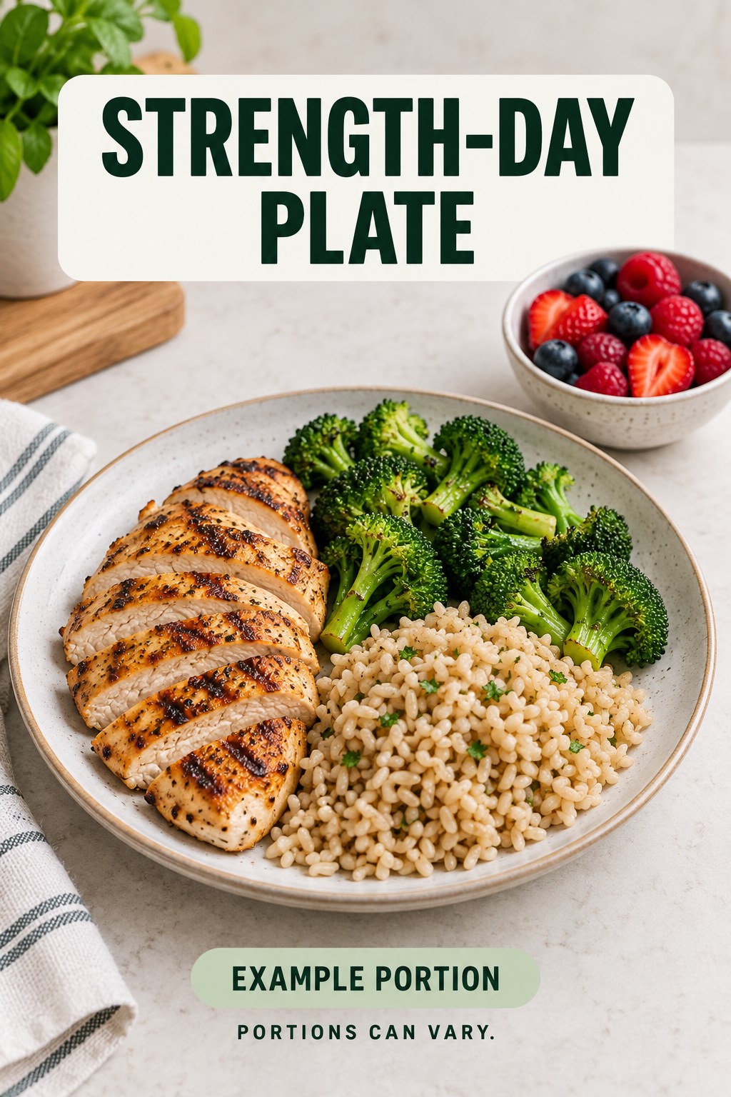 Strength-Day Plate visual using grilled chicken, brown rice, broccoli, and berries as flexible example portions for Strength Training for Weight Loss.