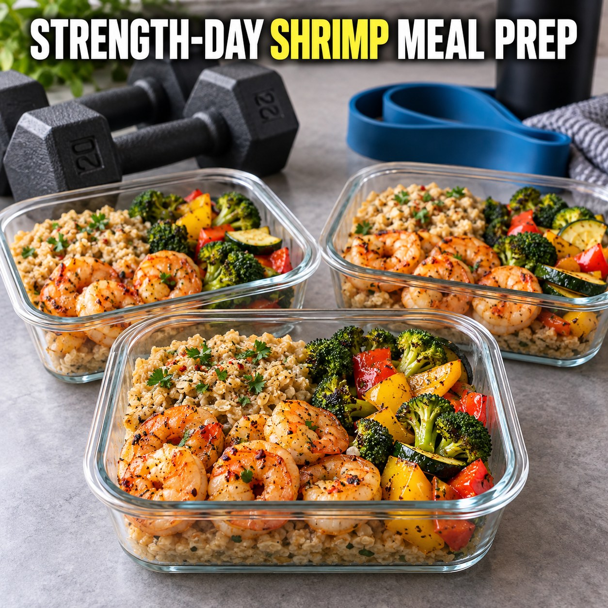 Three containers of strength-day shrimp oats prep boxes with shrimp, oats, cucumber, and edamame.