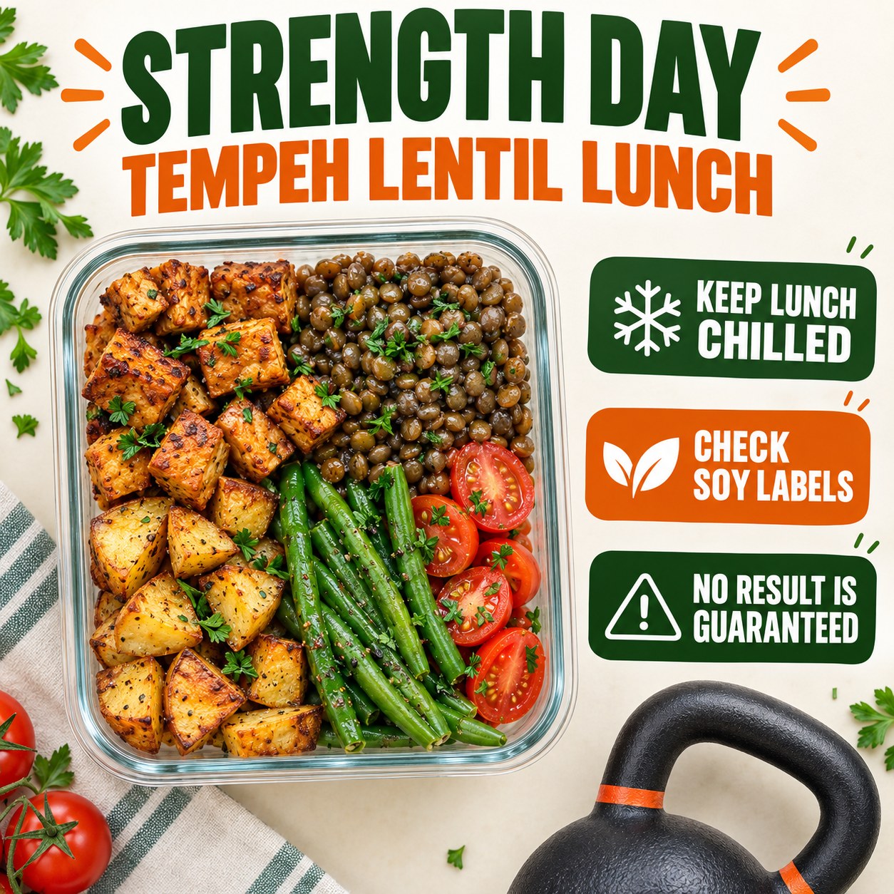 Infographic for a strength-day tempeh lentil potato lunch with chilling, soy label, and no guaranteed result reminders